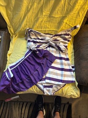 Striped Purple & White Twist-Front Swimdress with Ruffle Skirt